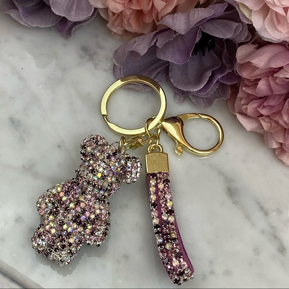 Multicolor Purple Crystal & Leather Strap Bear Keychain - Picture 6 of 13